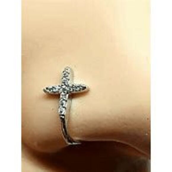 WHITE GOLD DIAMOND CROSS NOSE RING CUFF - Picture 2 of 2